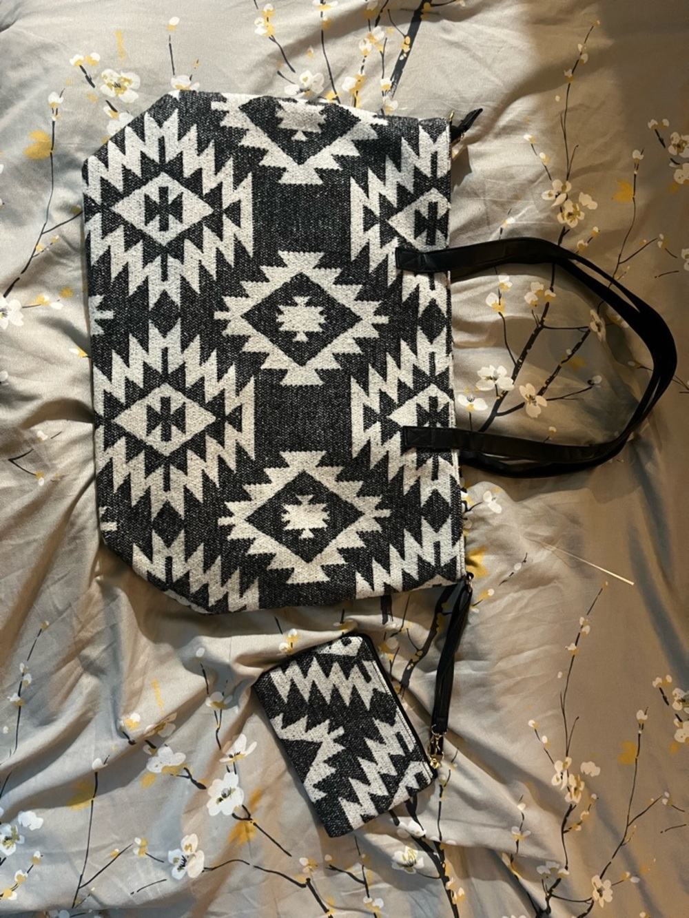 Charcoal Grey & White Aztec Tote Bag with Matching Wristlet